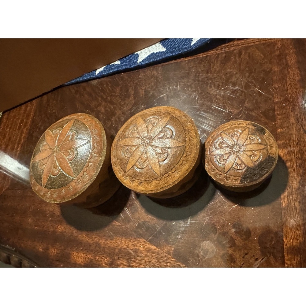 Vintage leather boxes Jewelry Nesting Round symbols Flower storage tooled